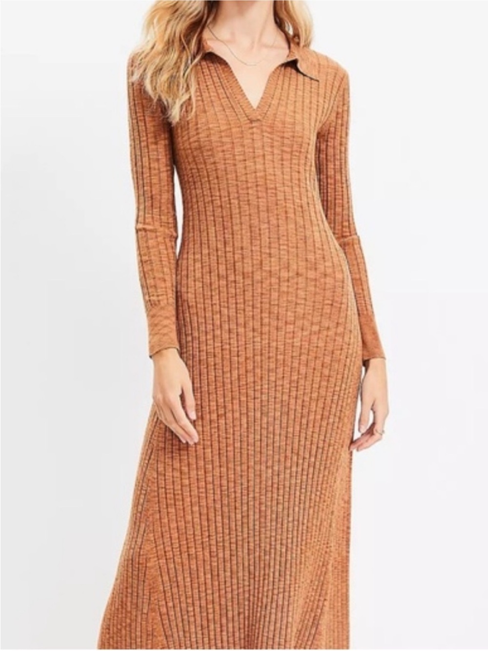 LOFT Ribbed Polo Sweater Midi Dress L Cinnamon Brown Long Sleeve Knit
